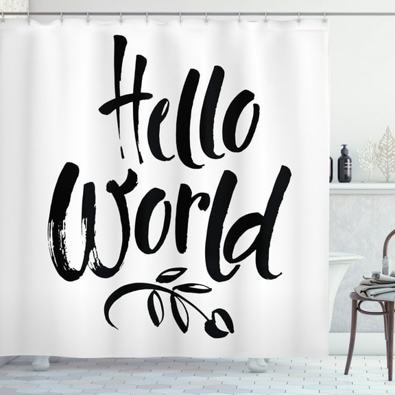 Ambesonne Saying Shower Curtain, Hello World Tree and Words, 69"Wx75"L, Charcoal Grey White