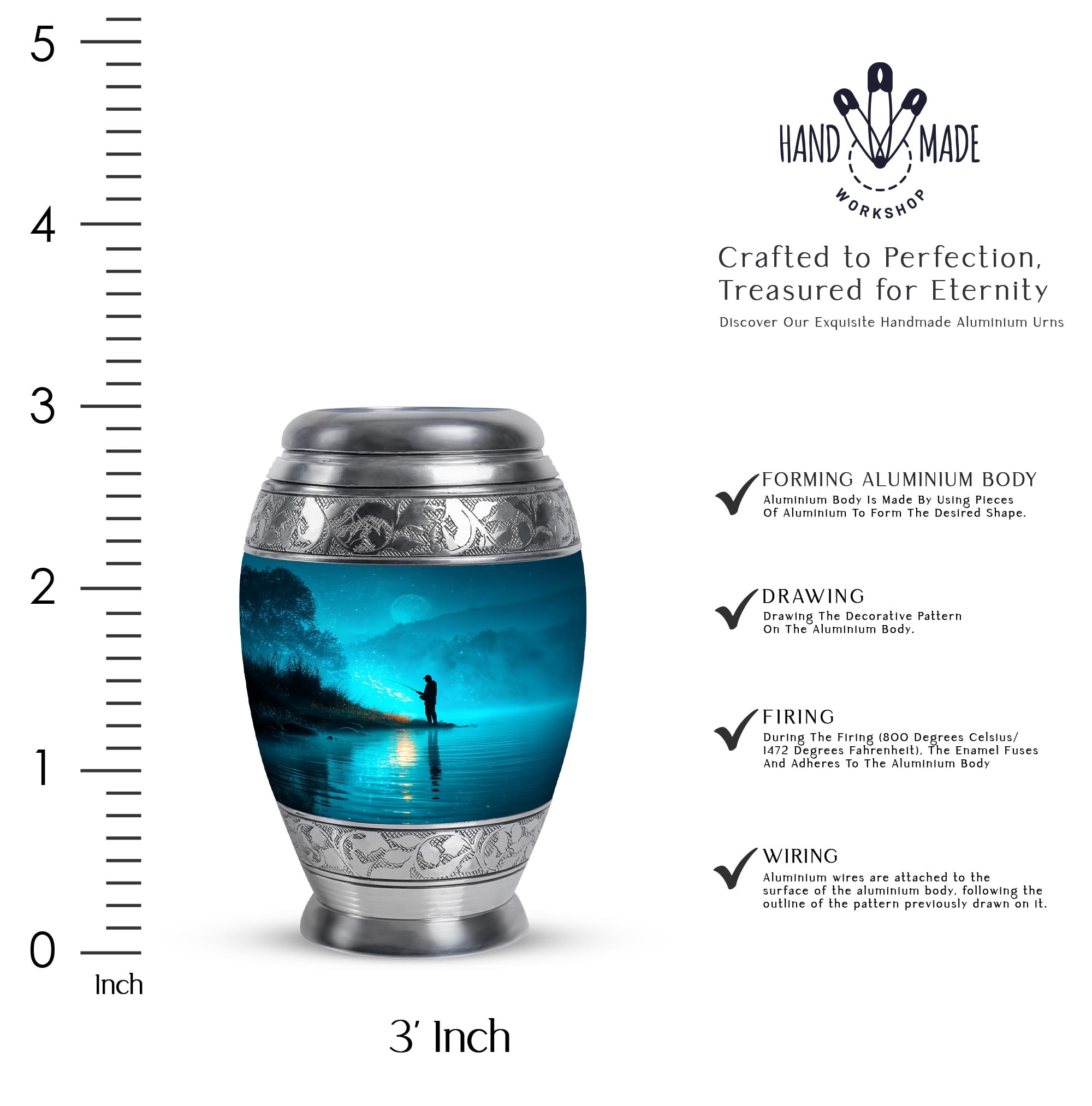MUKTIVE Fishing Silhouette Keepsake Cremation Urns for Adult Ashes Men - Blue, Evening Small Decorative Burial Urn for Human Ashes for Men - Ash Holders - Remembrance Gifts for Loss (3 Inch)