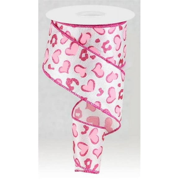 Heart Leopard Spots on Royal Wired Edge Ribbon, 2.5" x 10 Yards (Silver, White, Pink