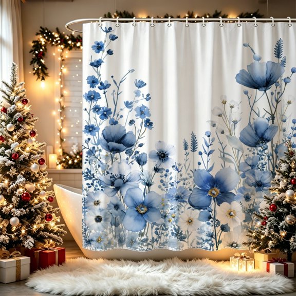 Watercolor Blue Floral Wildflower Print Shower Curtain (70.8x70.8inch), Blue Wildflower Combination Classic Modern Decorative Bathroom Ornament