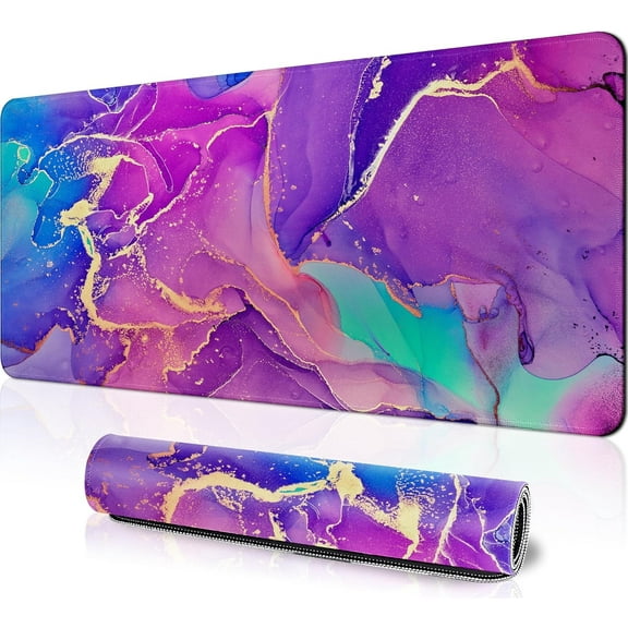 Purple Marble Desk Mat Large Mouse Pad, Big Mouse Pad Gaming Mouse Mat Desk Pad with Stitched Edges, Keyboard Mouse Pads for Desk, Long Extended XL Mousepad with Non-Slip Base, 31.5 x 11.8 in, Purple