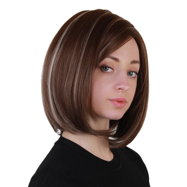 Peluca completa de pelo sintético Bob corto para mujer, marrón oscuro resistente al calor con reflejos grises para fiesta de cosplay, uso diario