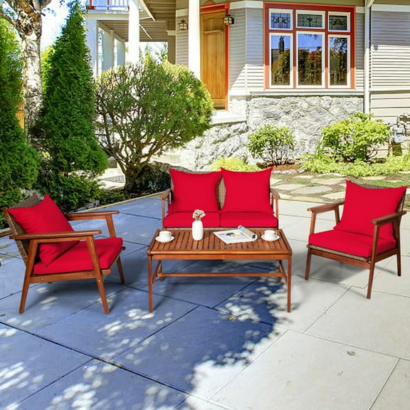 Gymax 4-Pieces Patio Conversation Set Wood Frame Furniture Set with Red Cushions