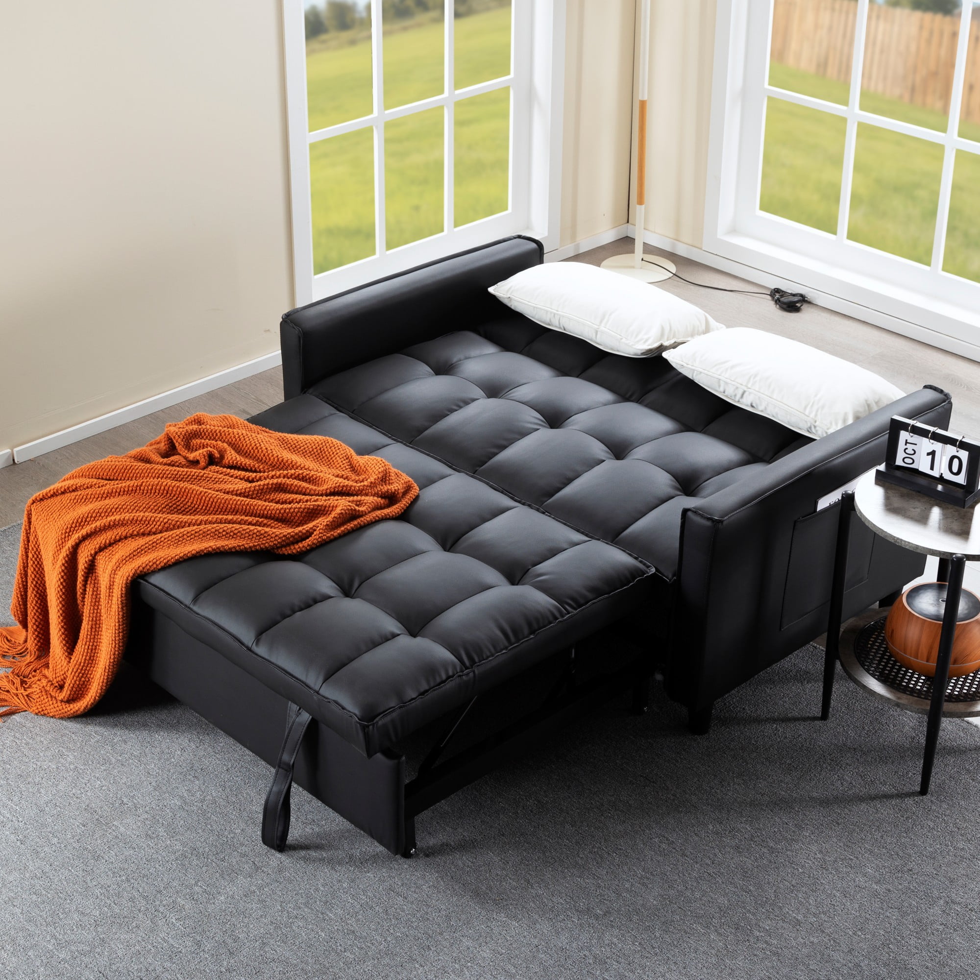 Gewnee 53.94" Pull-Out Sofa Bed – Convertible Twin Size Sleeper Bed,3 Adjustable Backrest Angles & Storage Side Pocket for Living Room,Office,Guest Room.Black PU