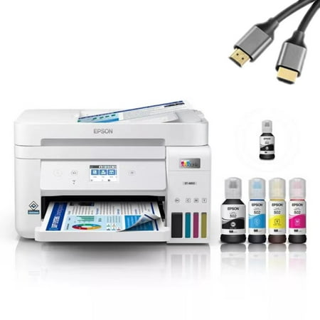 Epson EcoTank ET-4850 Supertank Wireless All-in-One Color Inkjet PRINTER, 4800 x 1200 dpi, 15 ppm, Home Office, Print Scan Copy Fax, Auto 2-Sided Printing, White, Printer Cable