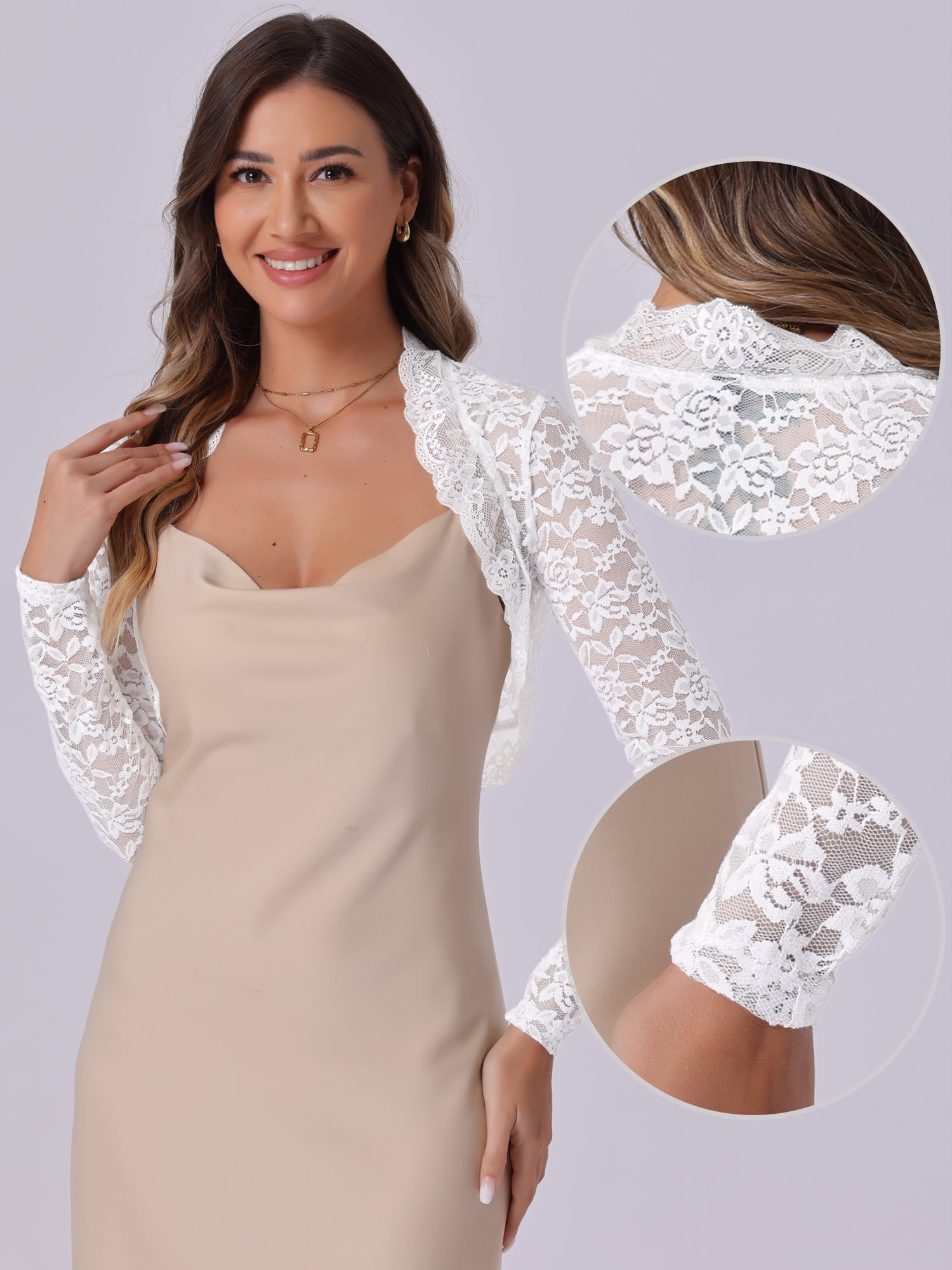 DARING DIVA Women's Floral Bolero Shrug Long Sleeve Sheer Cropped Lace Cardigan M White