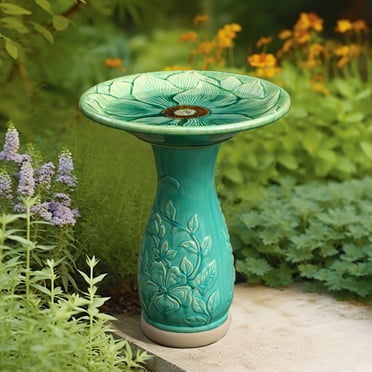 LuxenHome 23 Inch Ceramic Bird Bath for Outside, Elegant Concrete Tall Outdoor BirdBath with Floral Embossed Design