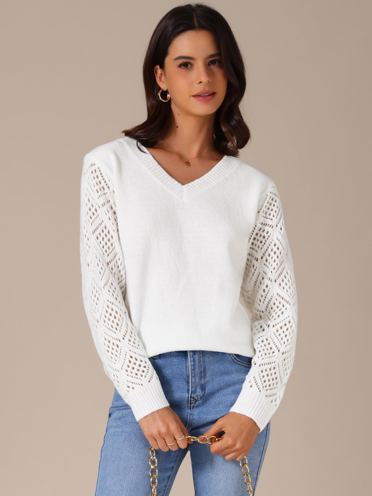 DARING DIVA Women's V Neck Hollow Out Long Sleeve Crochet Sweater Tops XL White