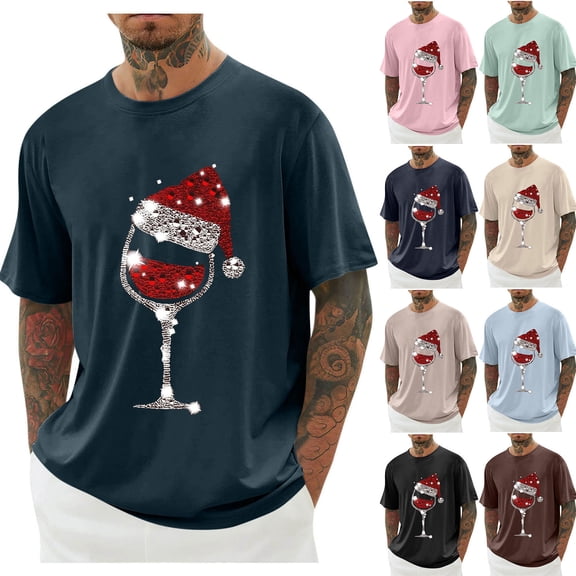 KeShDi Christmas Hawaiian Shirt for Men Men Print Round Neck Casual Fashion Short Sleeve Round-Neck Blouses Shirts Blue XL