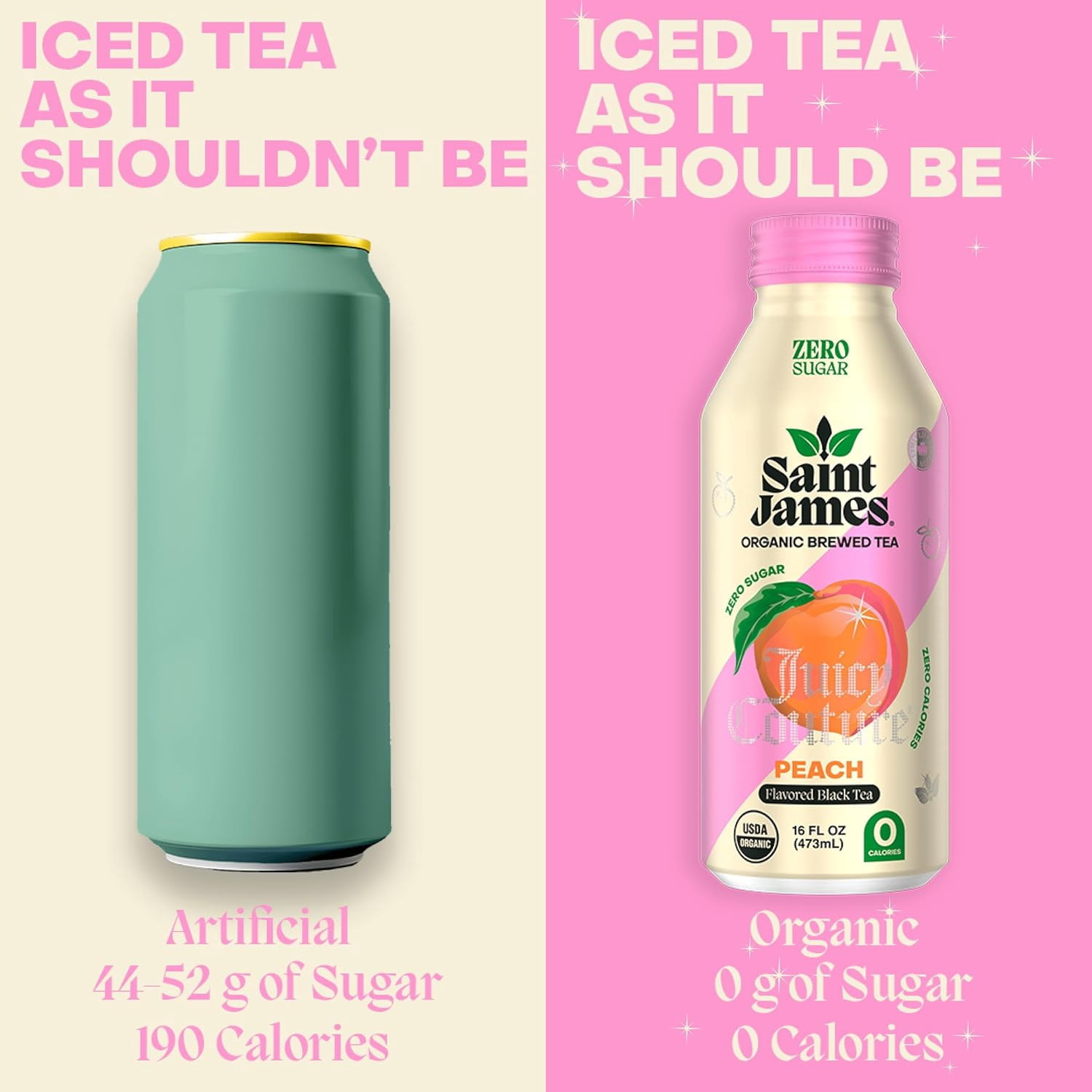 Saint James Iced Tea x Juicy Couture Limited Edition - Organic Black Tea - Non-GMO, Gluten Free, Zero Calorie, Zero Sugar - Juicy Peach, 12 Pack (16 fl oz each)