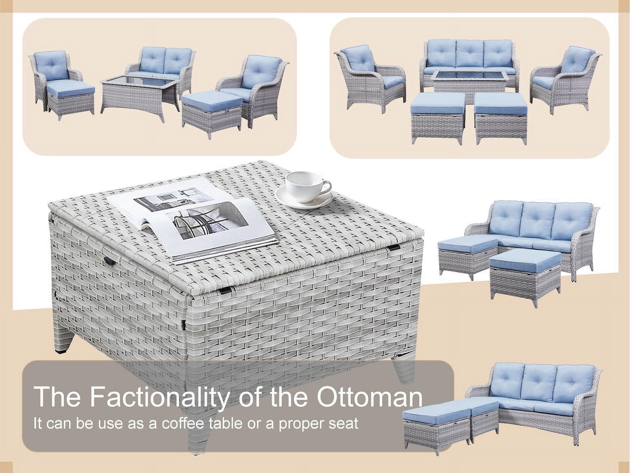 PARKWELL 2PCS Outdoor Wicker Ottoman Patio Rattan Furniture Footrest Seat Square Footstool w/Light Blue Cushion