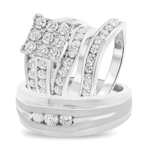 Bluebell Jewels Matching Wedding Band Set – 3PC His & Hers CZ Rings in 14K White Gold Finish Silver