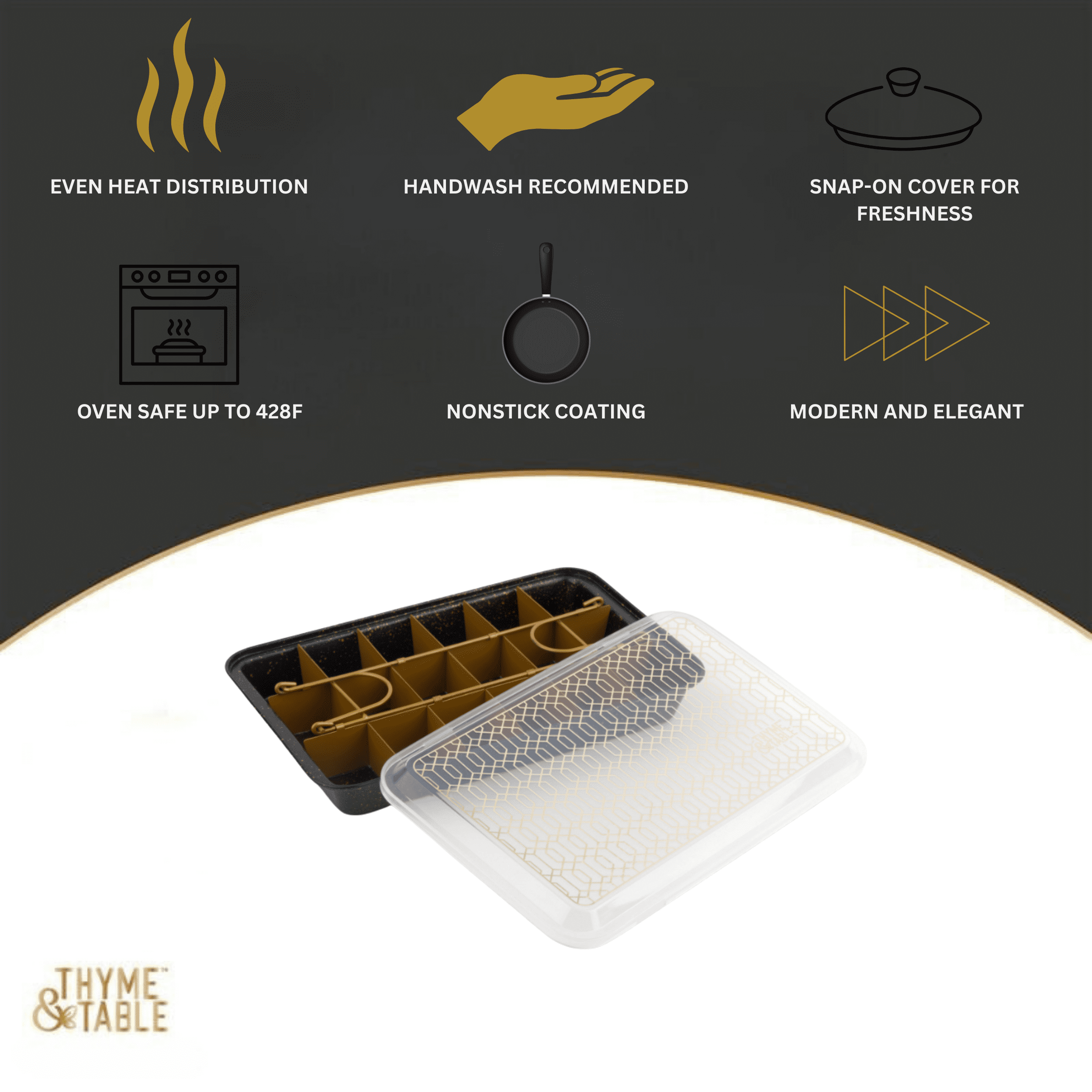 Thyme & Table 7"x11" Nonstick Brownie Baking Pan with Pre-Cut Divider and Plastic Lid, 3-Piece Set