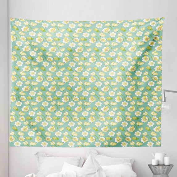 Floral Tapestry, Lily of Valley Blossoms Summer Season in the Flourishing Meadow Pattern, Fabric Wall Hanging Decor for Bedroom Living Room Dorm, 5 Sizes, Pale Green Turquoise, by Ambesonne