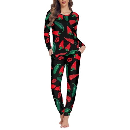 Renewold Warm Pajamas for Women Lady Green Red Chili Print Pajamas Sets Long Sleeve Crew Neck Nightwear Casual Holiday Sweatpants Size L