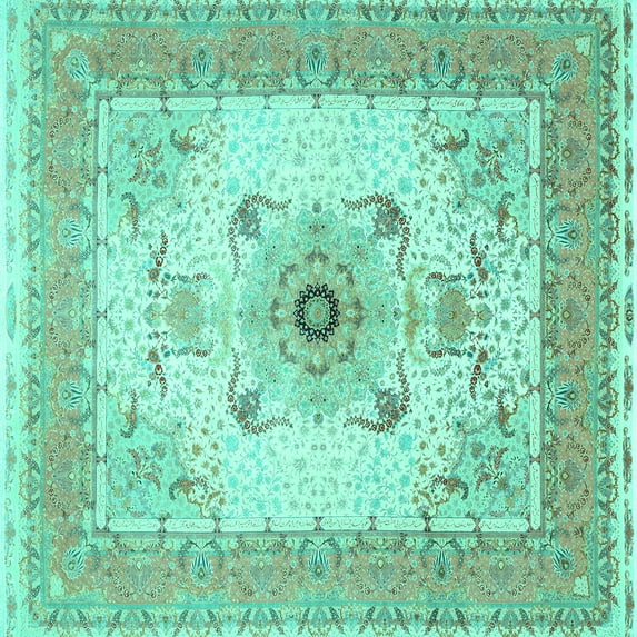 Ahgly Company Machine Washable Indoor Square Medallion Turquoise Blue Traditional Area Rugs, 6' Square