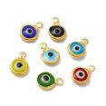 thumbnail image 1 of Ion Plating(IP) 304 Stainless Steel with Glass Enamel Charms Real 18K Gold Plated Flat Round with Evil Eye Pattern Mixed Color 9.5x6.5x2.5mm Hole: 1.6mm, 1 of 4
