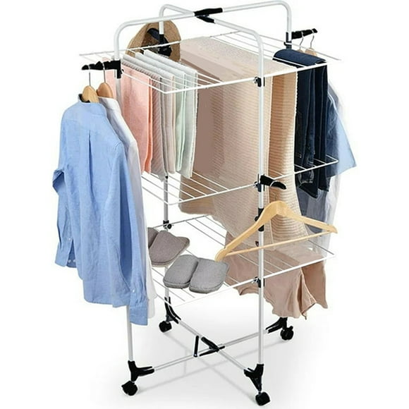 3 Tier Collapsible Laundry Drying Rack Stand, Clothing Garment Drying Station with Wheels and 4 Hooks for Bed Linen, Clothes, Socks