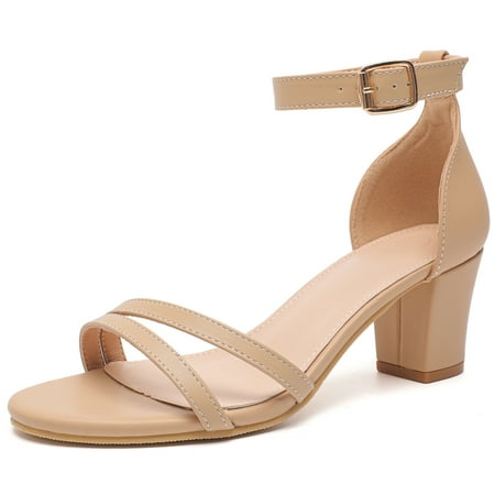 DADAWEN Womens Chunky Heel Sandals Dressy Heel Shoe Open Toe Ankle Strap Heels Wedding Party Shoes Nude 6.5US