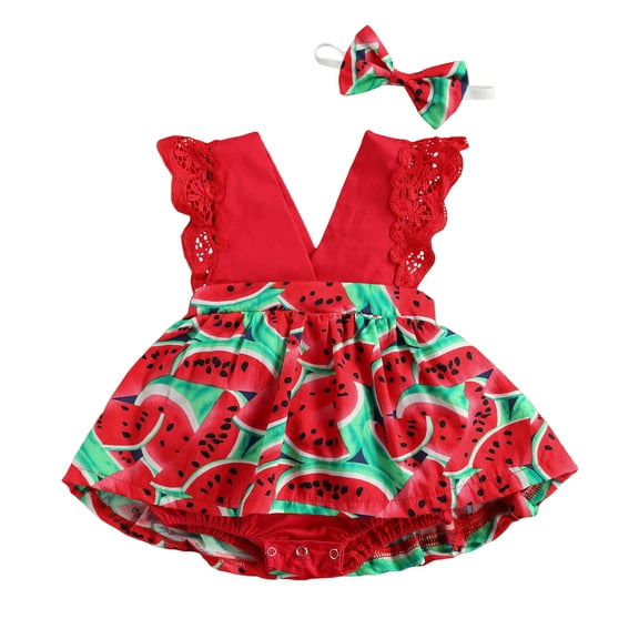 Baby Girl Summer Clothes Watermelon Print Romper Dress with Headband