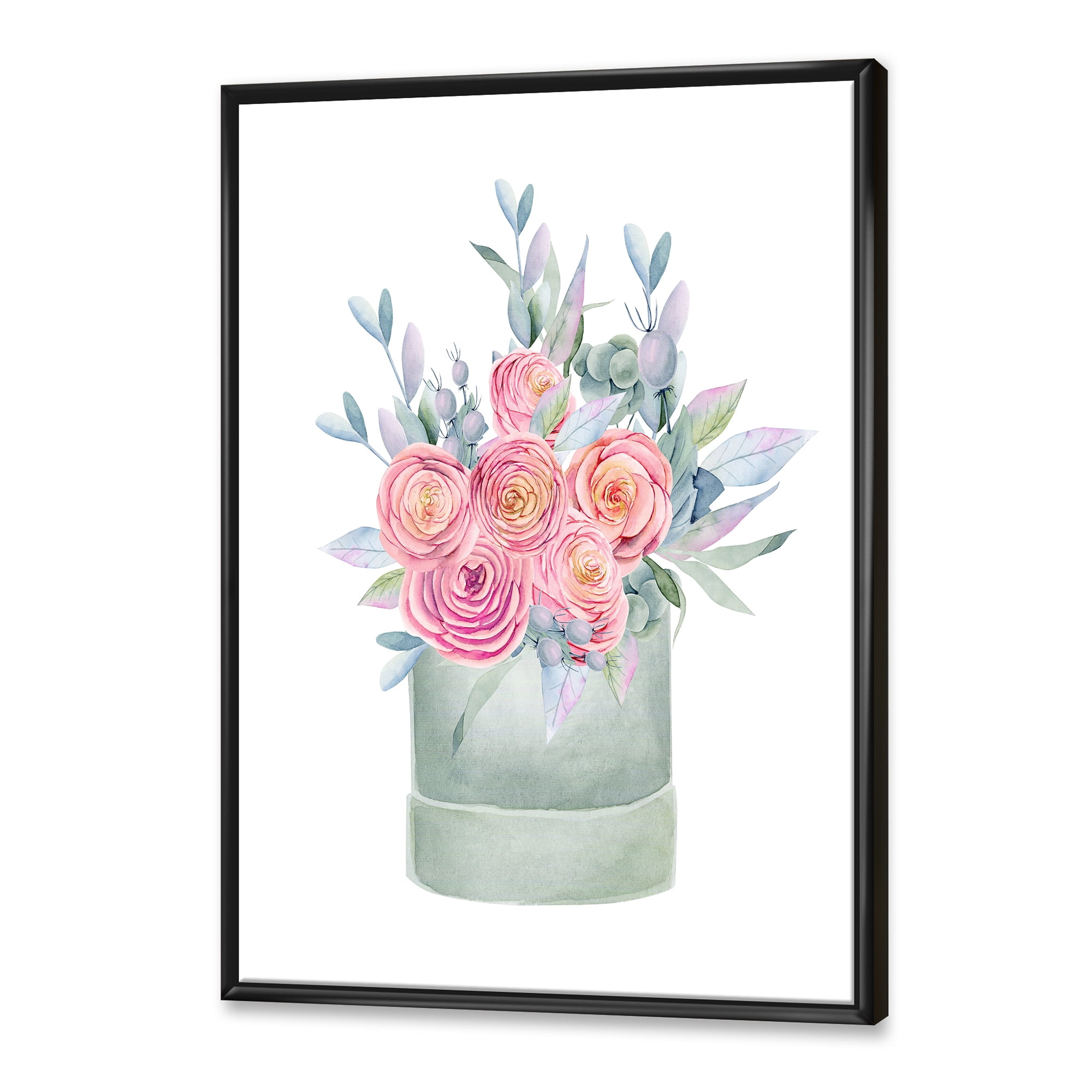 Designart 'Pink Roses With Gift Box' Farmhouse Framed Canvas Wall Art Print