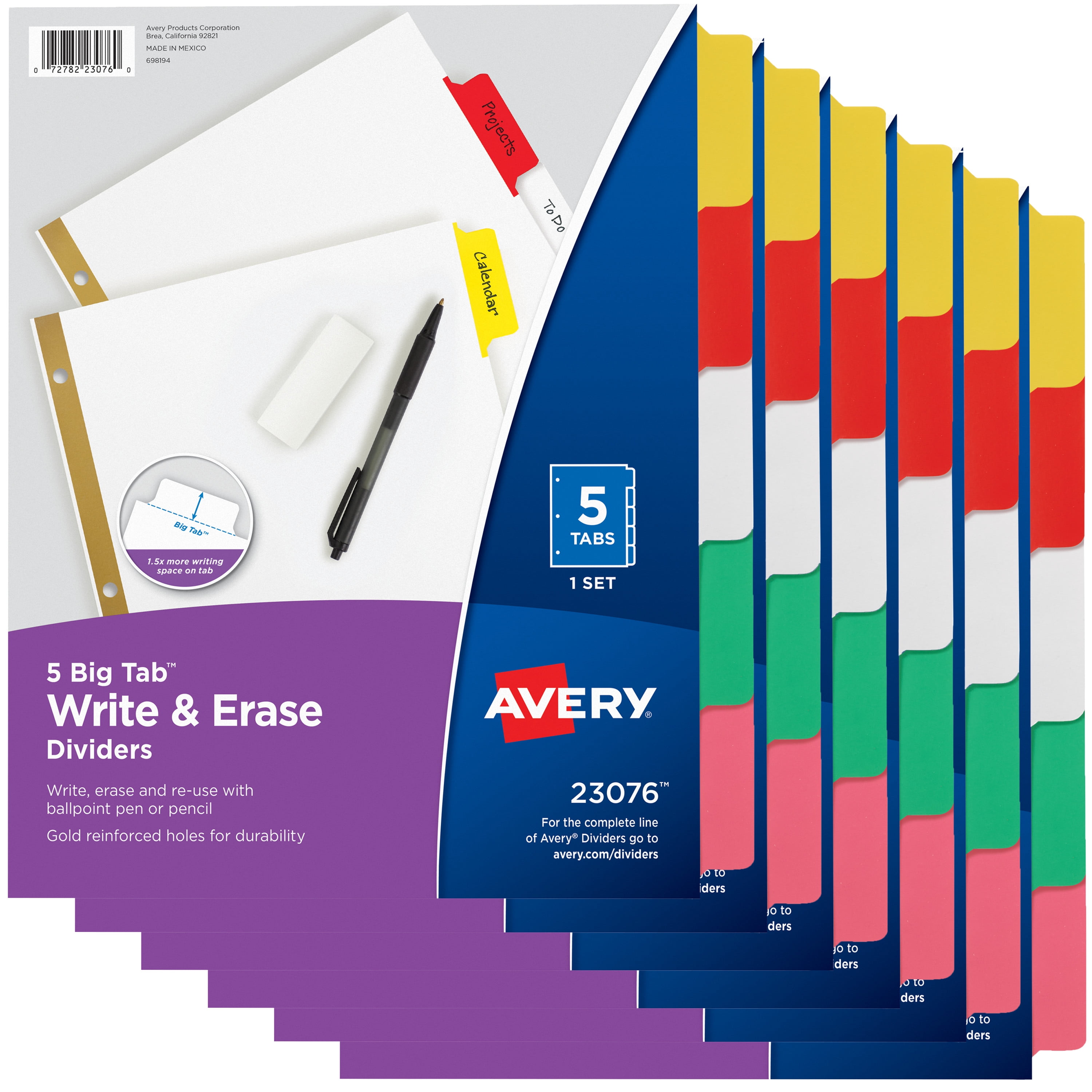 Avery 5-Tab Binder Dividers, Write & Erase Dividers, 5 Multicolor Big Tabs, 6 Sets (73076)