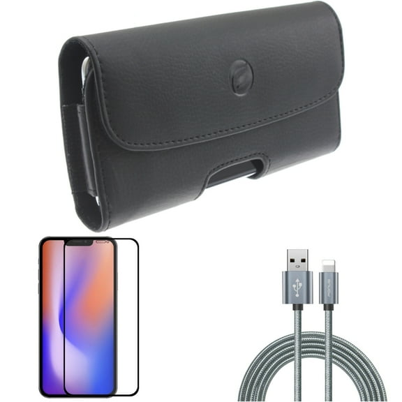 Screen Protector & 6ft USB Cable & Case Belt Clip for iPhone 13/Pro - Combo with Anti-Glare Tempered Glass Matte & Charger Cord Power Wire & Leather Holster Cover