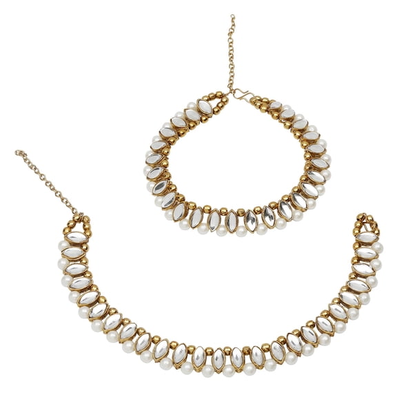 Efulgenz Indian Bollywood Gold Plated Faux Kundan Pearl Wedding Bridal Anklet Pair with Bells (2 piece) Bracelet Payal Foot Jewelry