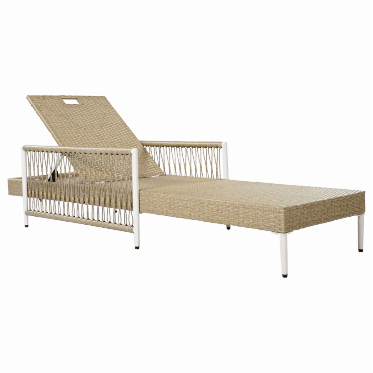 Minimalist Patio Wicker Lounge Chair, Outdoor All-Weather PE Rattan Chaise Lounge with 6 Gear Adjustable Recliner, Arms and Cushion for Poolside, Deck, Beige