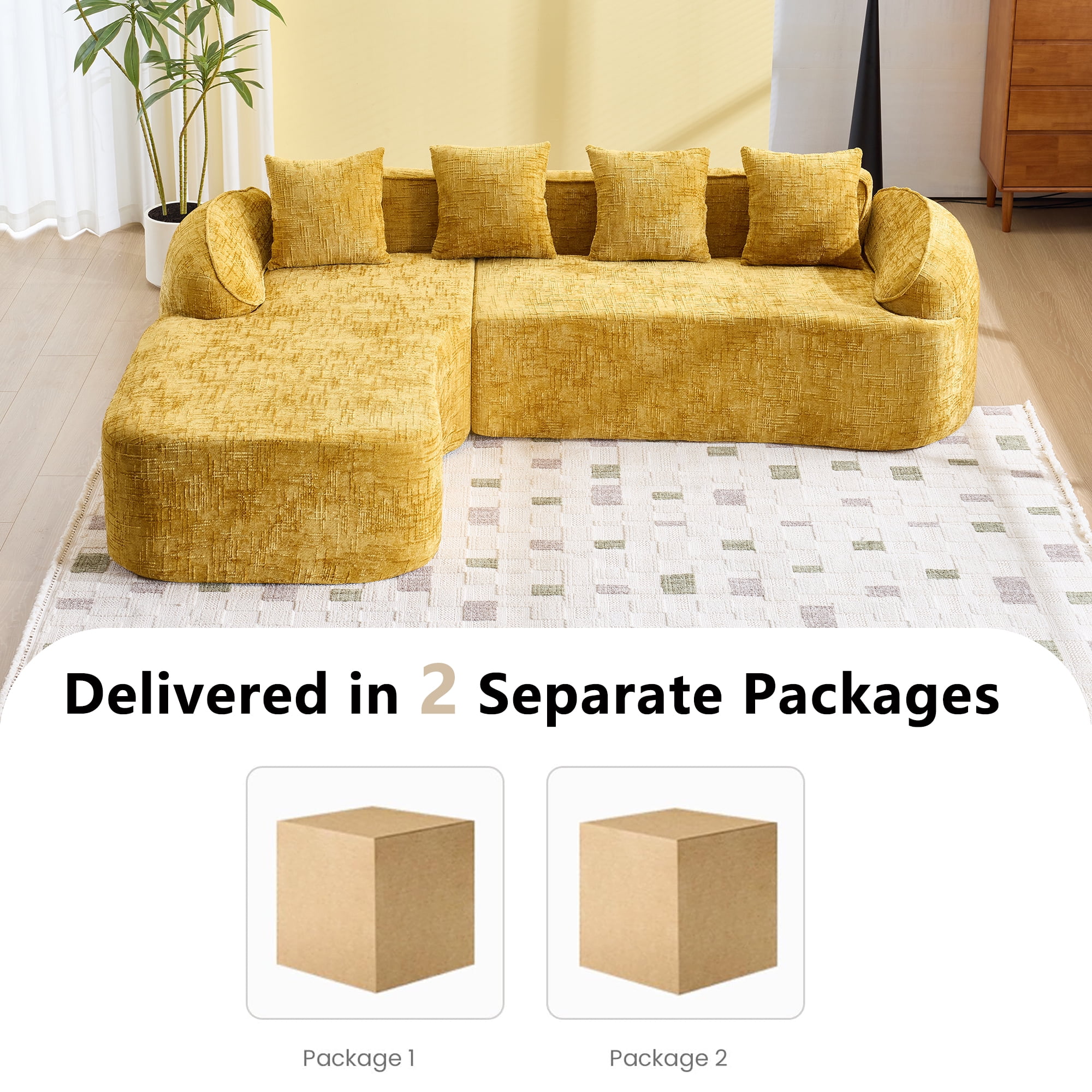 L-Shaped Sectional, Compressed Sofa with Chenille Fabric and Sponge Spring Support, No Assembly Couch for Living Room, 101" x 67" Yellow