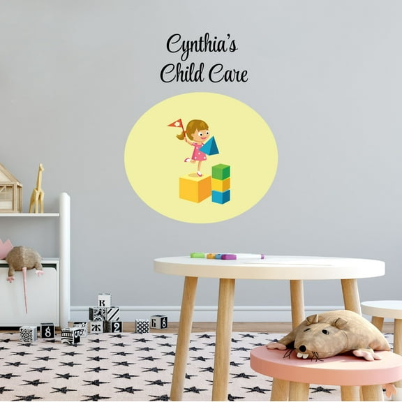 Personalized Name Day Care Wall Decal Happy little Girl With Flag in hand Playing with Building Blocks Daycare Wall Decal for Care Taker Cute Themed Room Décor - Size: 8 In x 10 In
