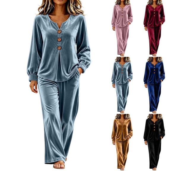Women's Casual Velvet Two Piece Set V Neck Button Long Sleeve Top and Wide Leg Pants Soft Loungewear Outfit for Daily Home Wear Wine