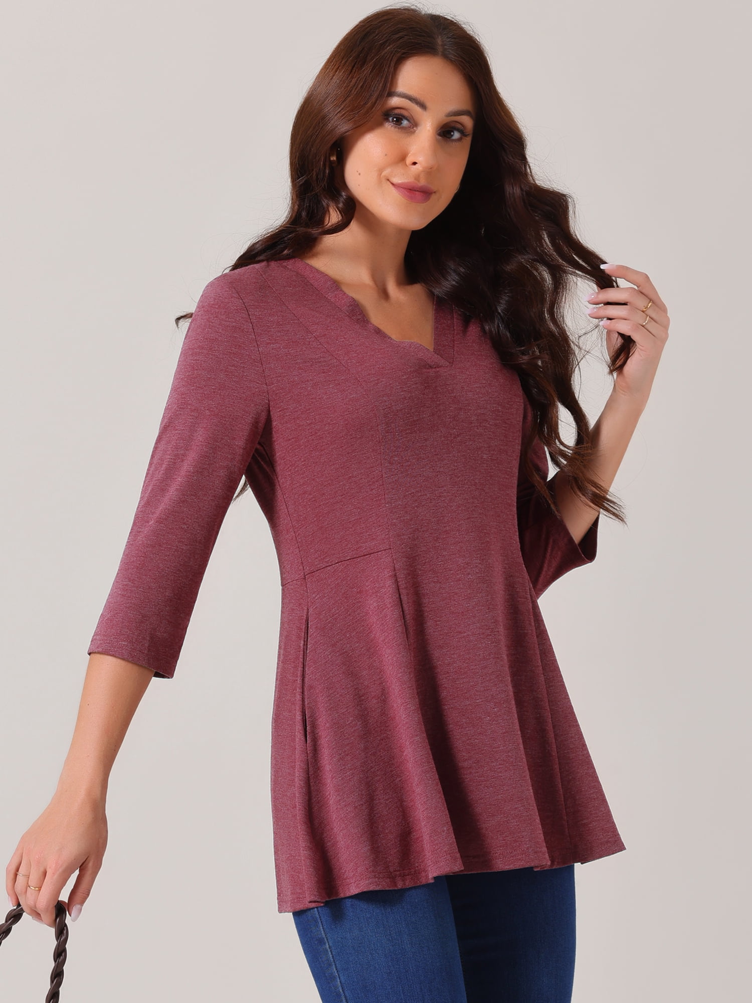 DARING DIVA Women's V Neck 3/4 Sleeve Casual Blouses with Pockets S Wine Red