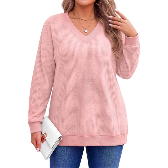 Fantaslook Waffle Knit Sweatshirts for Women Long Sleeve V Neck Sweater Shirts Pullover Casual Outfits Plus Size Fall Tops