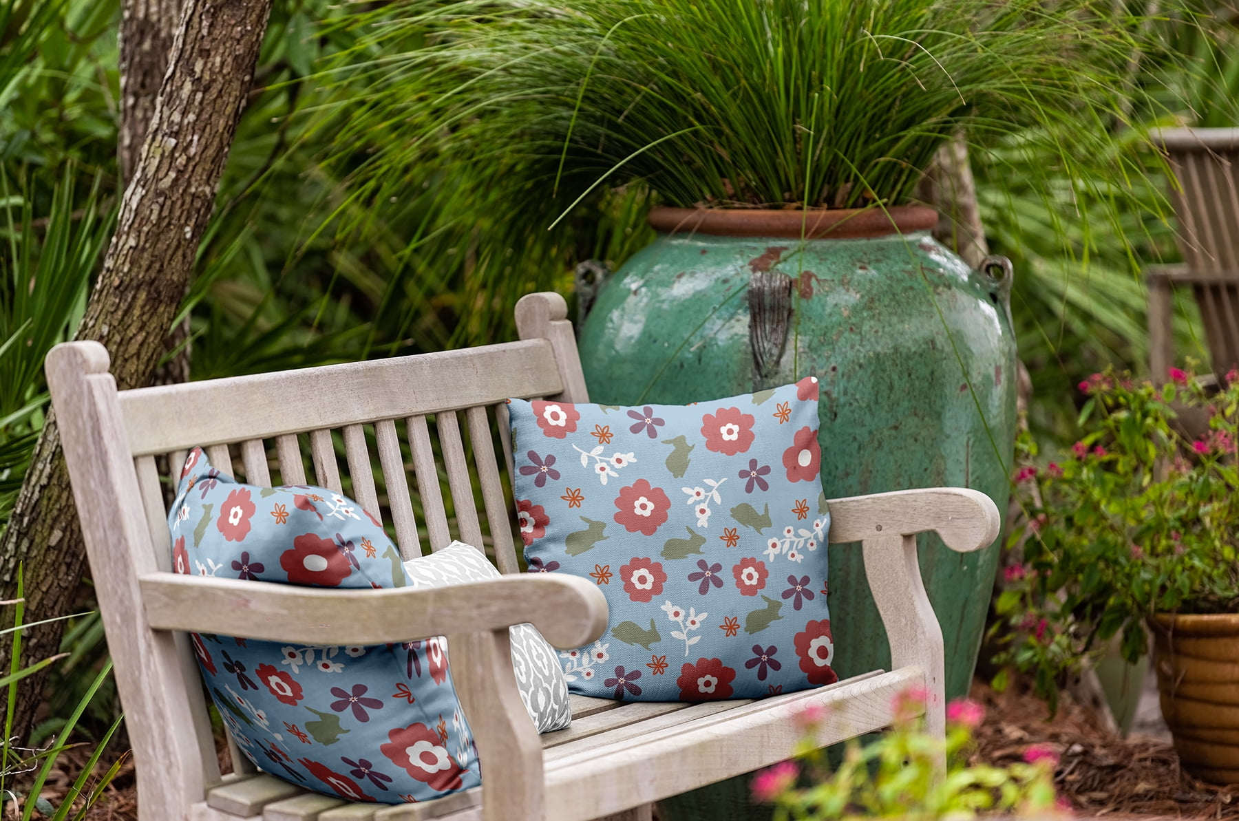 16"x16" Simply Daisy Flowery Love Bunnies Easter Indoor/Outdoor Pillow, Lighter-than-Air Blue Qty 1