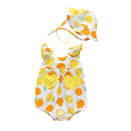 

Baby Straps Print Romper Fruit Sunsuit Girls Bodysuit Hat Girls Romper&Jumpsuit 0-3 Months
