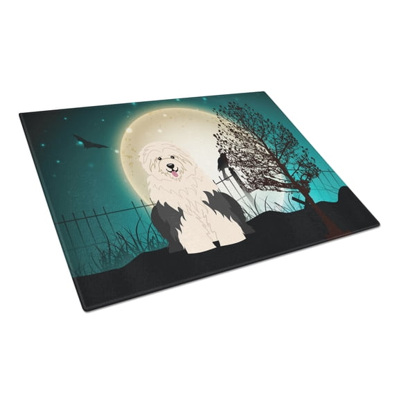 Halloween Scary Old English Sheepdog Glass Cutting Board Large