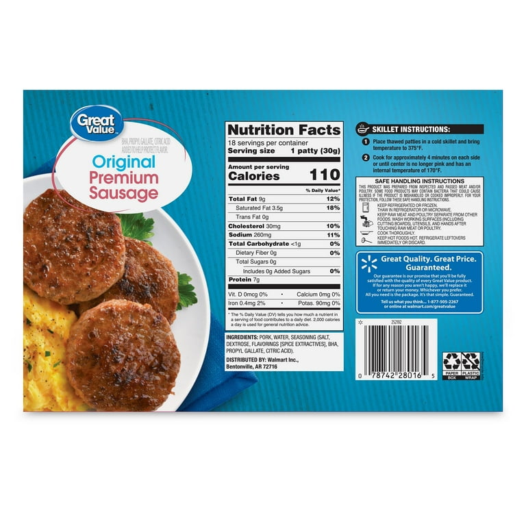 Great Value Fully Cooked Original Pork Sausage Patties,, 56 OFF