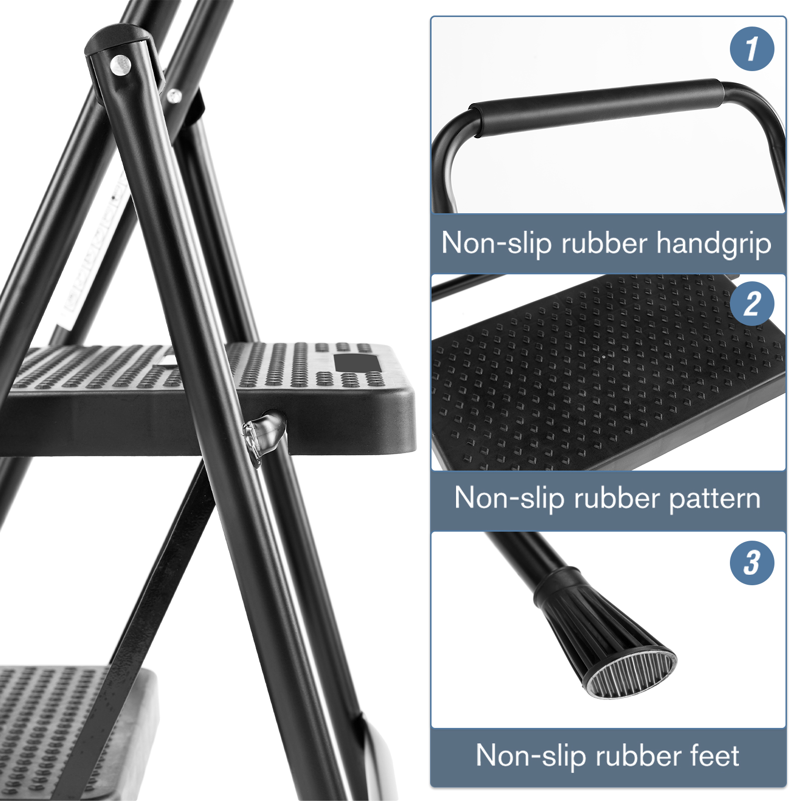 JIOABL 3 step ladder with Non-Slip Pedals and Comfortable Handrails - Portable Steel Ladder with 800 lbs Capacity - Ideal for Kitchen, Garage, and Outdoor Use -Black