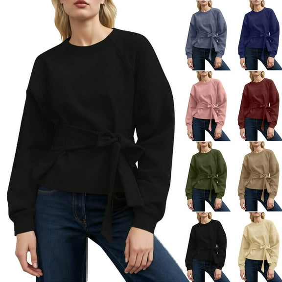 Fall Tops for Women Oversized Workout T Shirt Plus Size Tunic Tops Fashion Women's Casual Long Sleeve Round Neck Solid Bandage Top Blouse Ladies Shirt Pullover Gift for Adults Black M