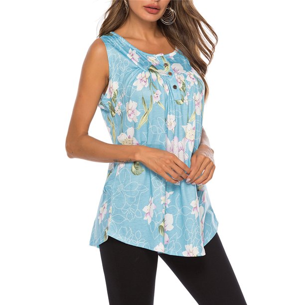 Qarigey Camiseta de mujer Camiseta sin mangas con botones estampados Blusa sin mangas Prendas para la parte del cuerpo Flor, Celeste, L Qarigey AP002917-23