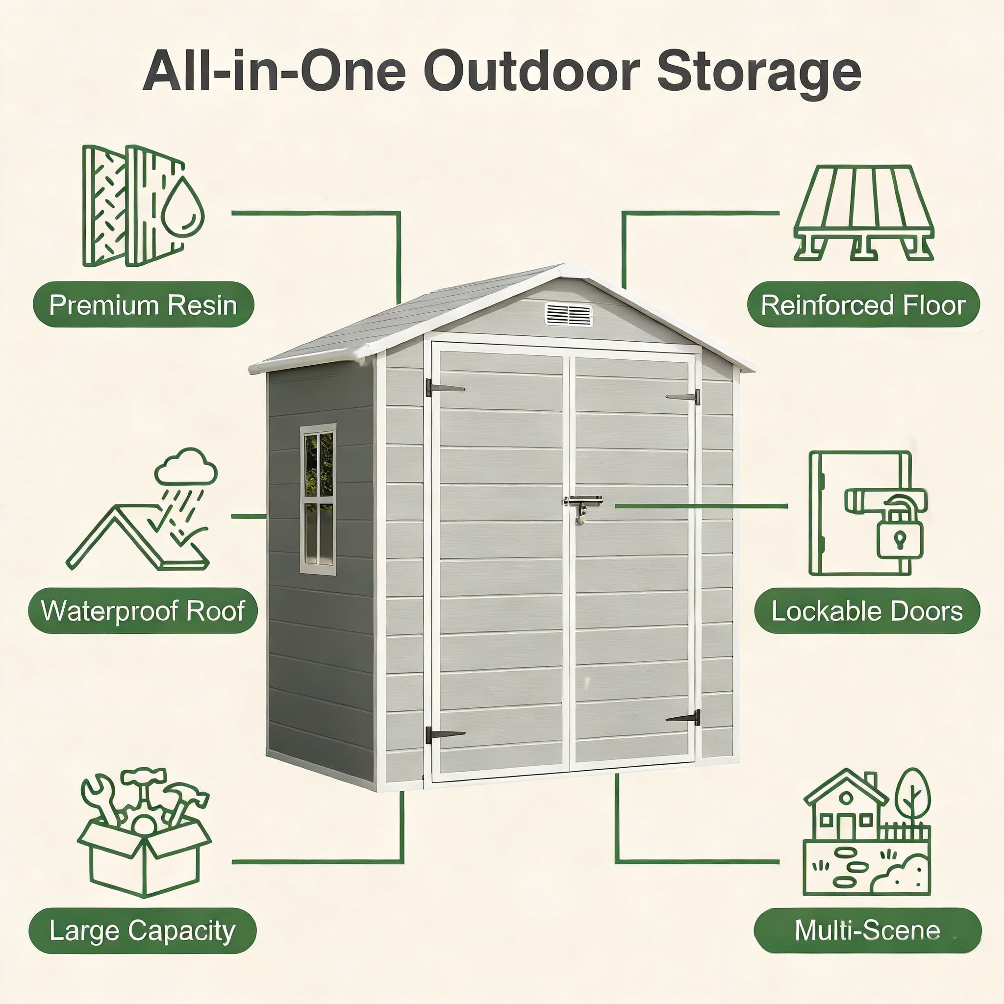 6x4 FT Shed, Outdoor Resin Storage Shed with Floor, Window & Lockable Door for Backyard | Patio | Lawn | Gray