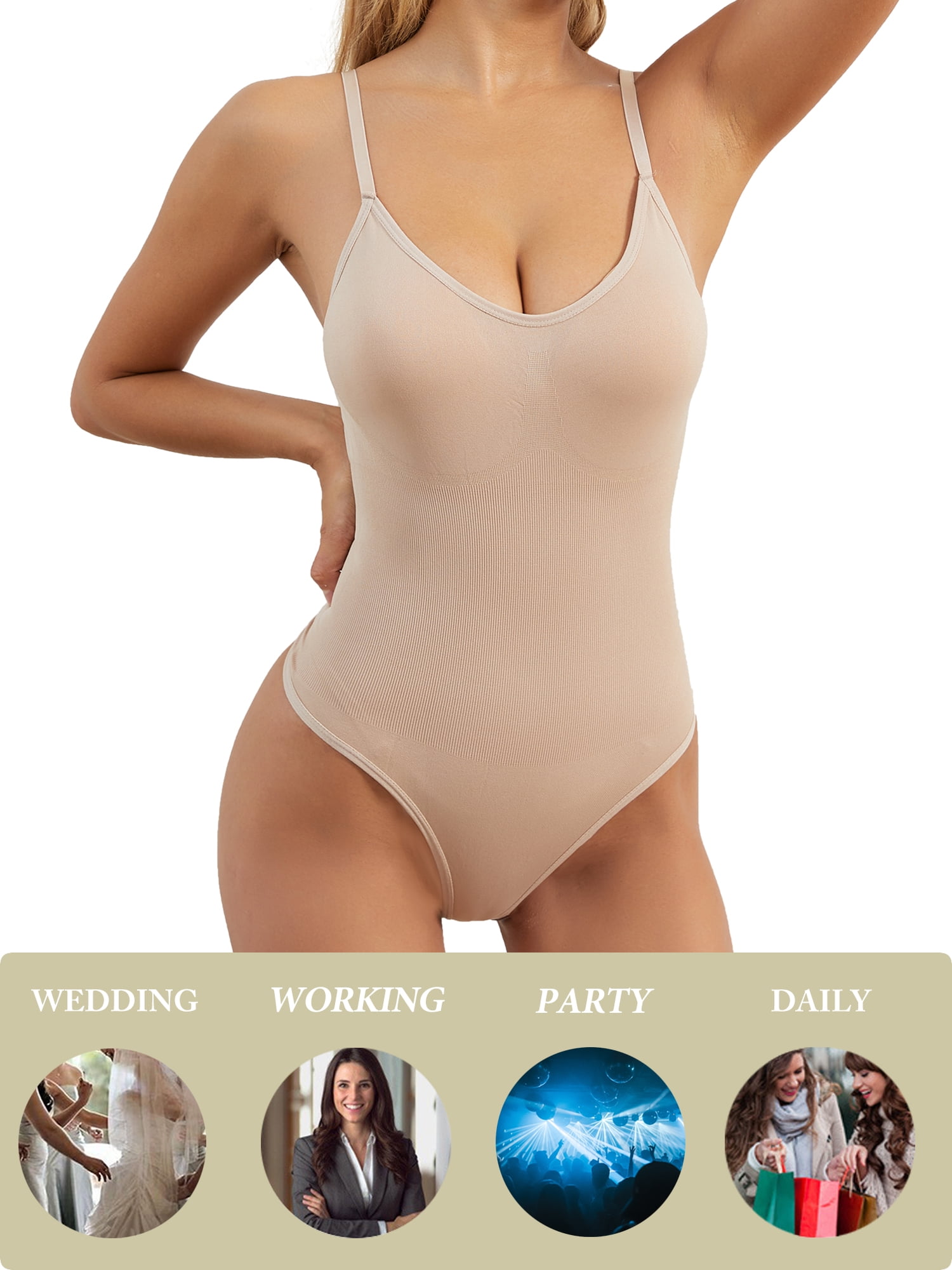 GOLD CARP Shapewear Women Shaping Thong Bodysuit Seamless Tummy Control Body  Shaper Adjustable Straps,Beige-Thong,M(US 6-8) 