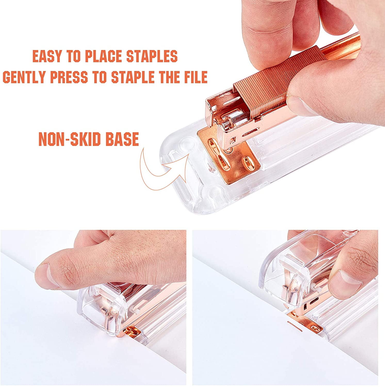 1Set Office Appliance with 24/6 Standard Staple Iron Wire Hollow Tape Cutters Holder & Claw Staple Remover Spring Powered Desktop Stapler Metal Binder Clips Rose Gold