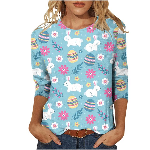 HKEJIAOI Hauts à Manches 3/4 pour Femmes Imprimé Floral Col Rond XXL Été