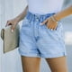 thumbnail image 3 of Pantalones cortos para mujer, cintura elástica, bolsillos con botones, bordes enrollados, pantalones cortos casuales simples de verano, azul claro L, 3 of 8