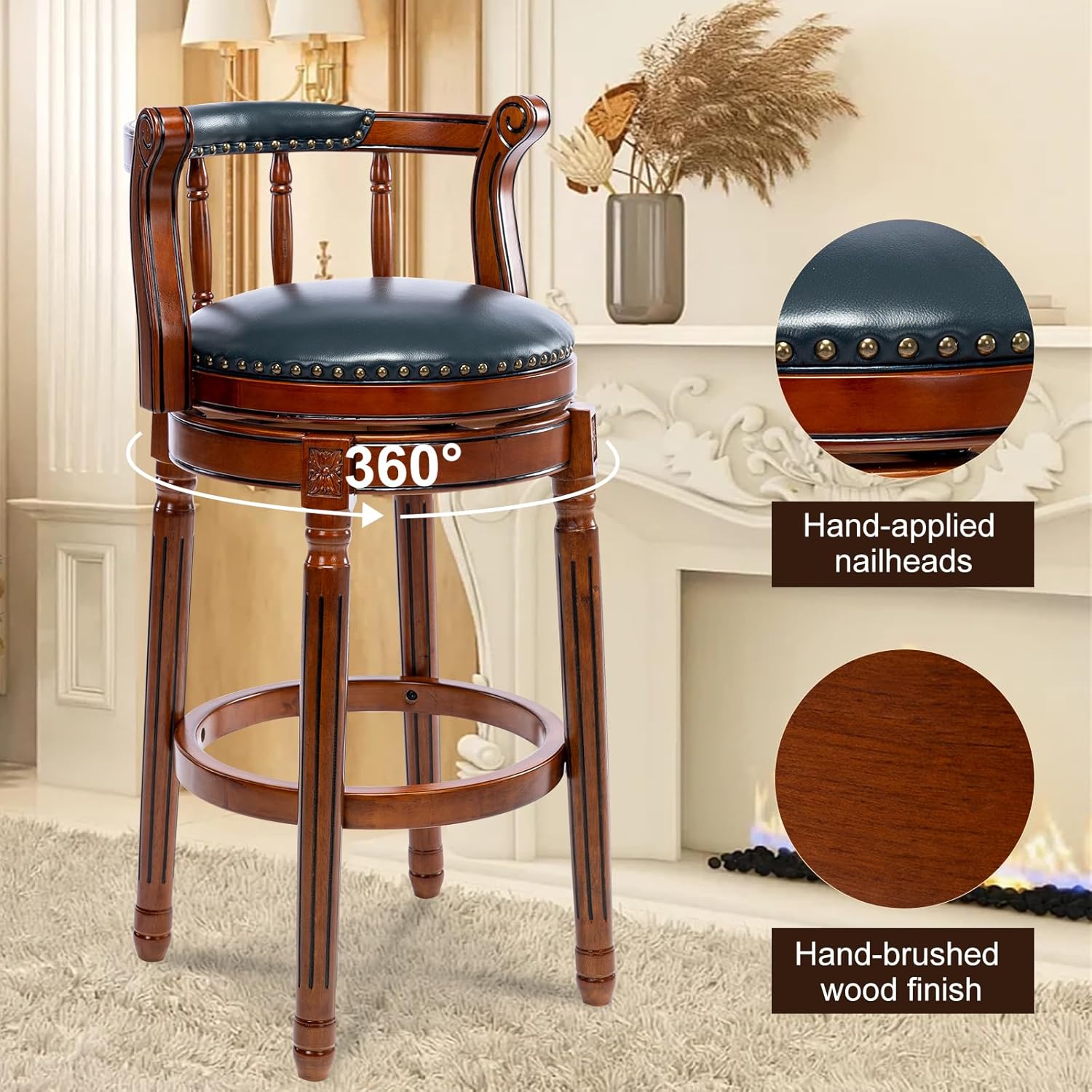 Aulife Bar Stools Genuine Leather Counter Height barstool Wooden Swivel kitchen Stool with Footrest for Kitchen Dining Room(navy seat, Counter-29.5" seat height)