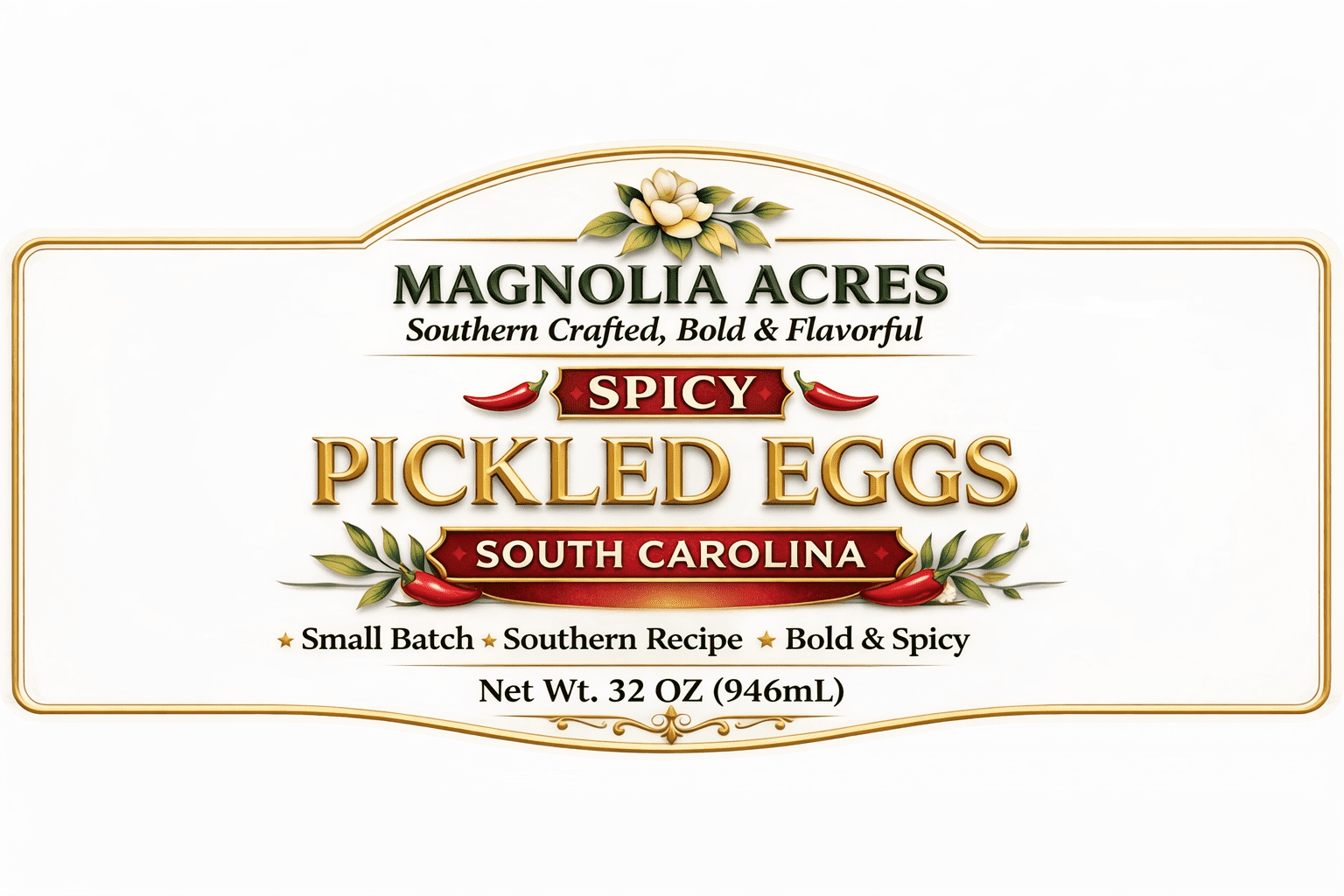 Magnolia Acres Spicy Pickled Eggs, 2 Pack (32 oz Jars), Southern Style Bold Flavor, High Protein Snack, Small Batch, South Carolina Inspired