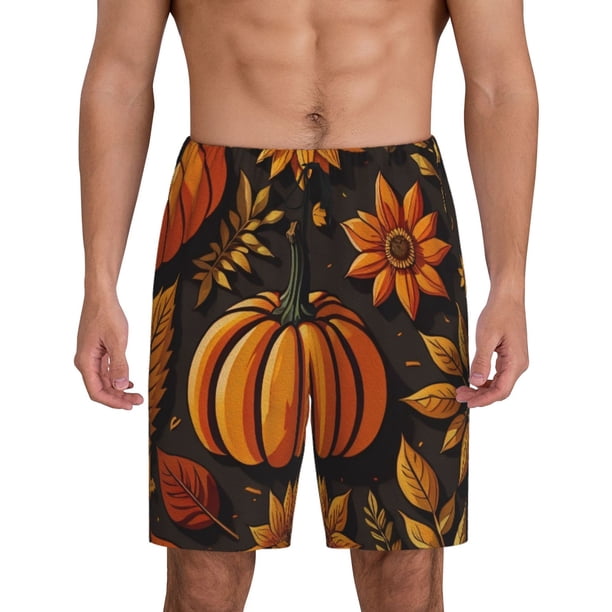 Balery Autumn Pumpkin Leaves Pantalones cortos de pijama de punto de algodón para hombre con cinturilla y bolsillos-3X-Large