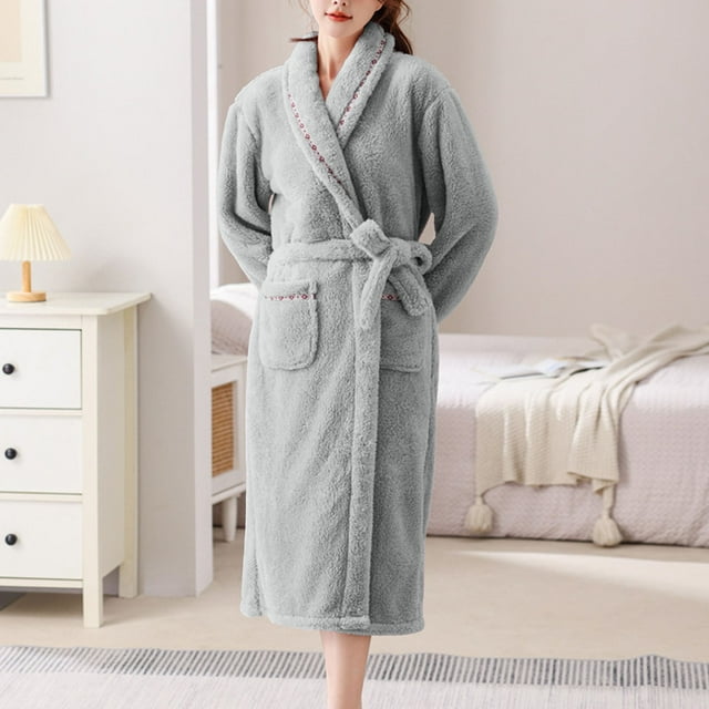 Qepwscx Women's Ankle-Length Plush Robe -Fleece Sherpas Shaggys Bathrobes Solid Color Long Sleeve with Pockets